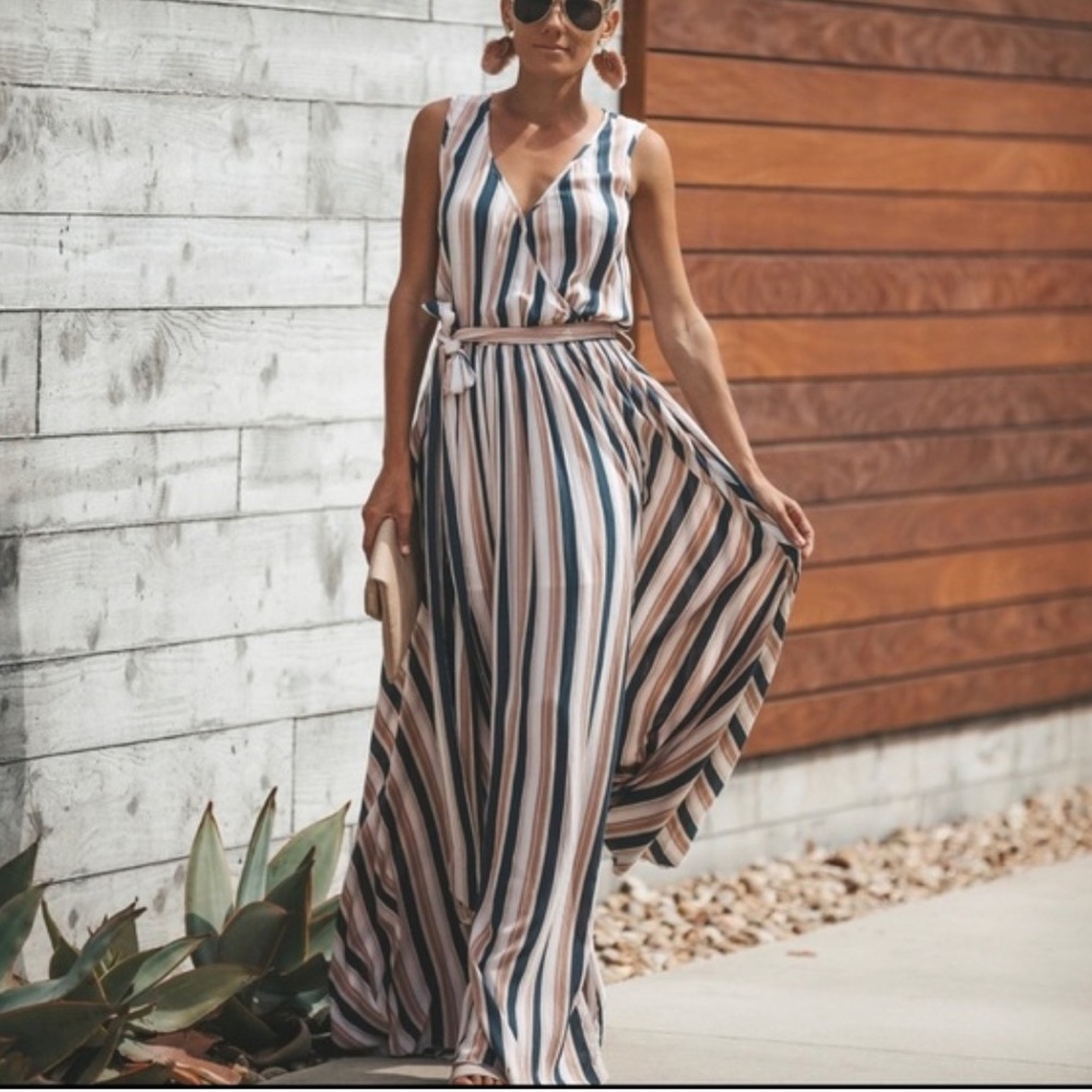 VICI White, Tan, Navy Blue Striped Maxi Dress - Picture 9 of 9
